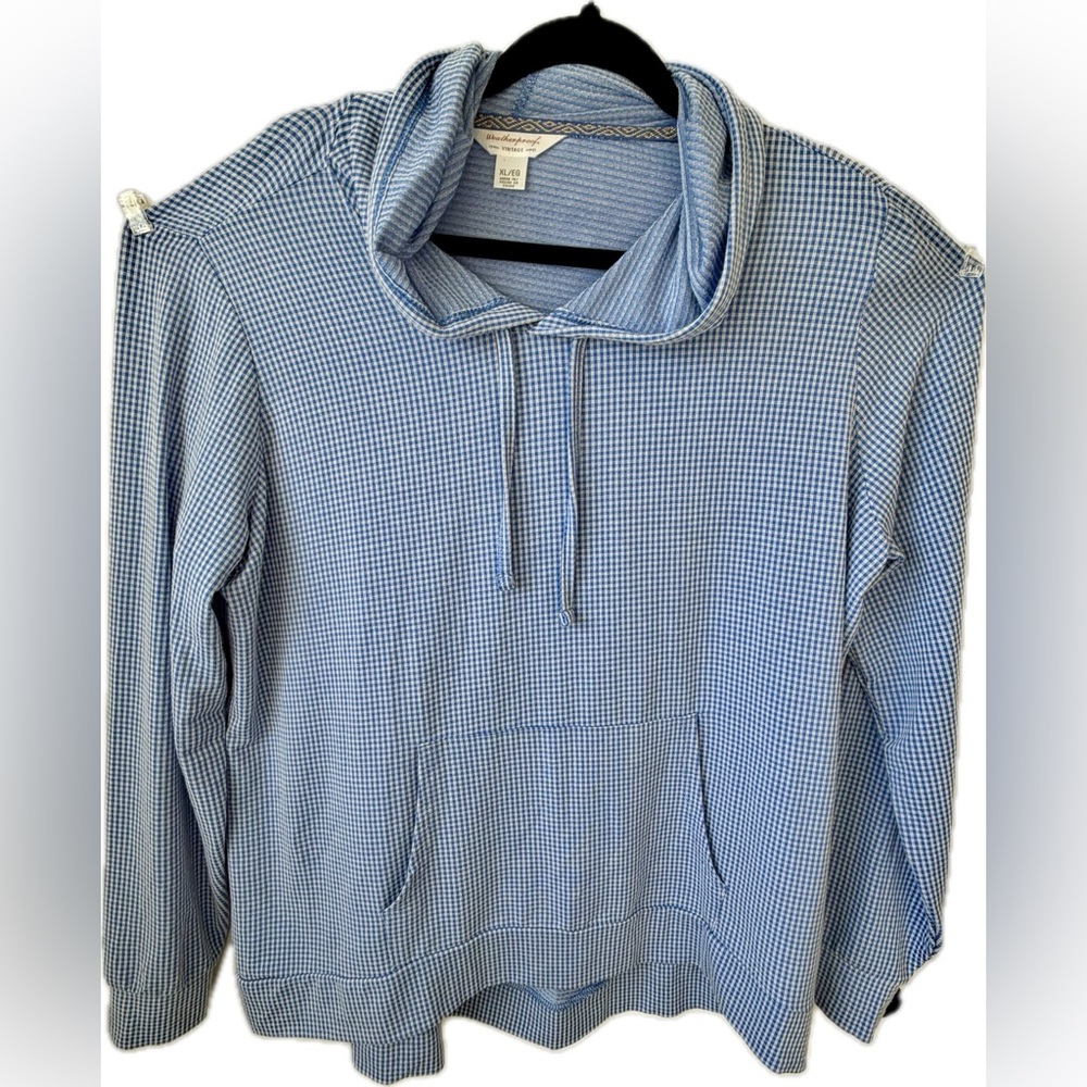 Weatherproof Vintage Blue Gingham Hoodie Pullover XL Stretch Kangaroo Pocket